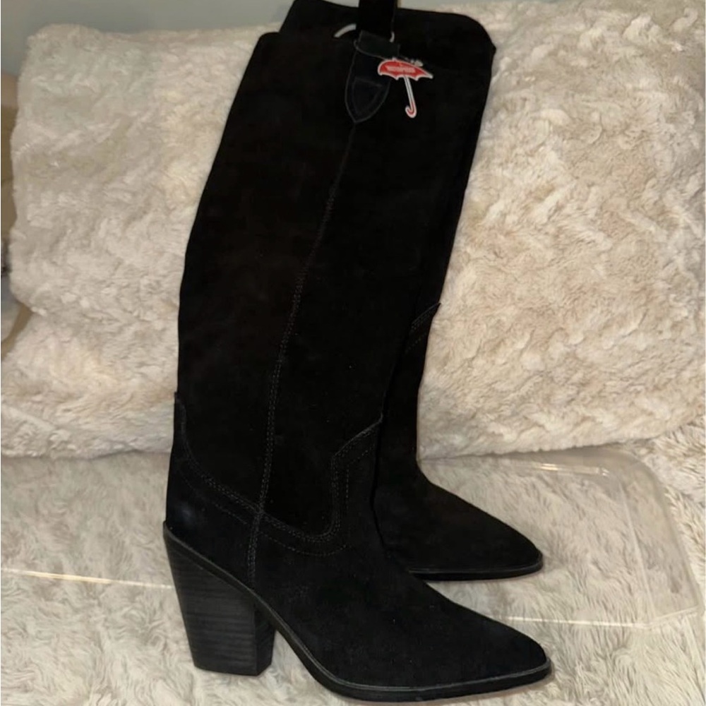 Blondo Black Suede Knee-High Block Heel Boots